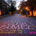 Flick International Chalk writings of the Gospel of John on a university sidewalk at dusk