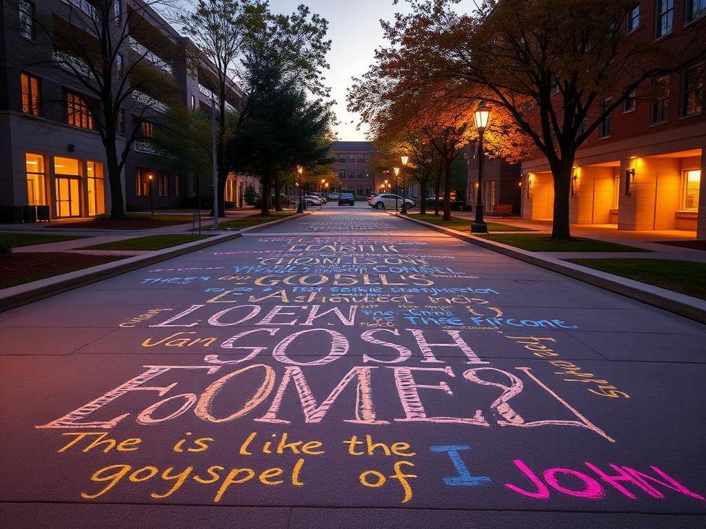 Flick International Chalk writings of the Gospel of John on a university sidewalk at dusk