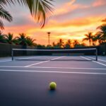 Flick International A vibrant tennis court at dusk with a tennis ball near the sideline