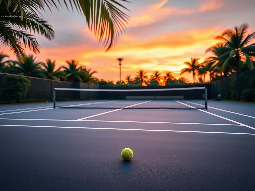 Flick International A vibrant tennis court at dusk with a tennis ball near the sideline