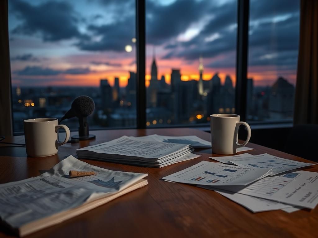 Flick International Close-up view of a wooden desk with a microphone and coffee cup during a tense interview