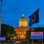 Flick International Vibrant scene of Ohio statehouse at dusk with waving Ohio state flag