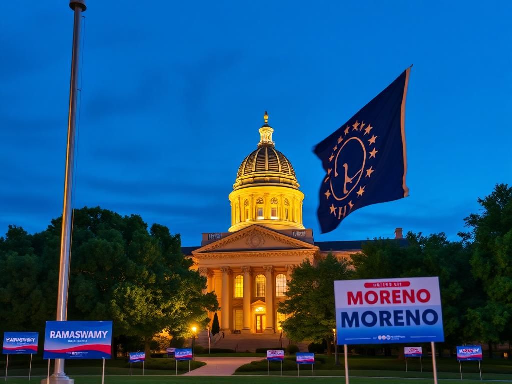 Flick International Vibrant scene of Ohio statehouse at dusk with waving Ohio state flag