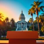 Flick International A vibrant scene of the California state capitol building with palm trees