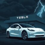 Flick International Dramatic Tesla electric vehicle parked at a modern dealership with signs of vandalism