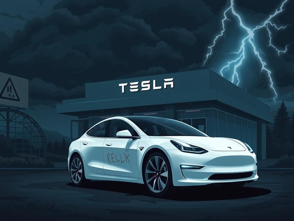 Flick International Dramatic Tesla electric vehicle parked at a modern dealership with signs of vandalism