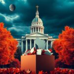 Flick International High-contrast image of Wisconsin state capitol with autumn leaves and ballot box