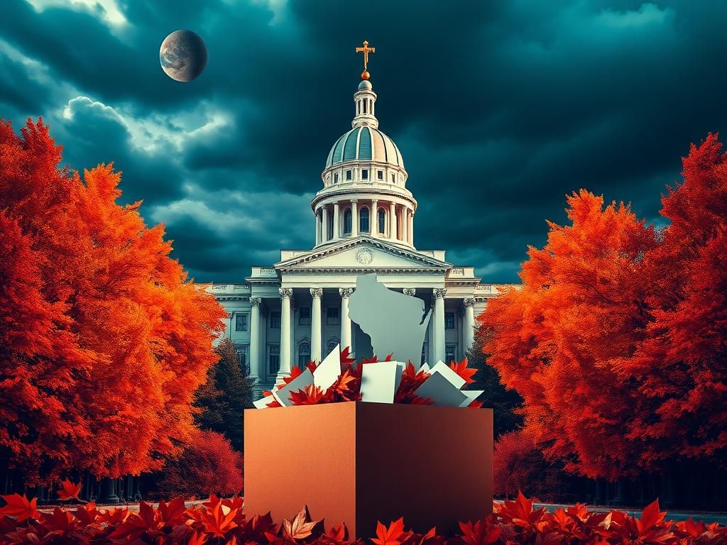 Flick International High-contrast image of Wisconsin state capitol with autumn leaves and ballot box