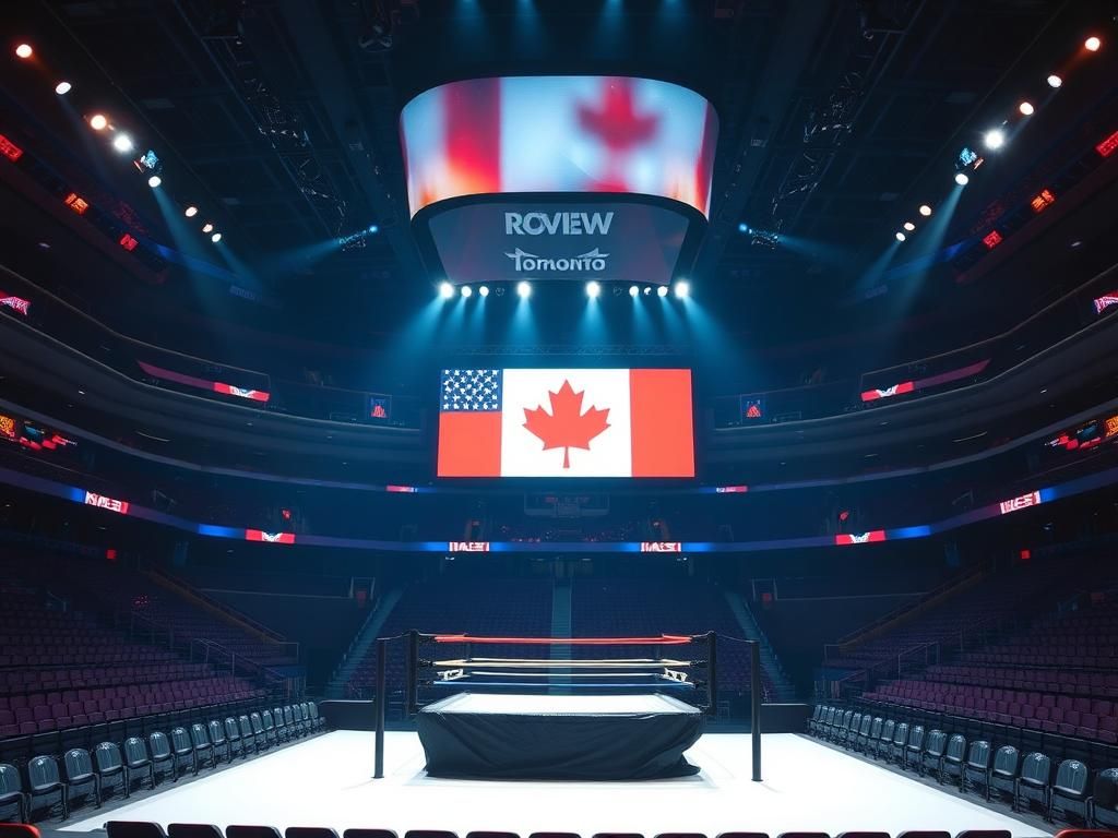 Flick International A vibrant wrestling arena at Rogers Centre in Toronto with a bright multicolored ring and dramatic lighting after a charged event.