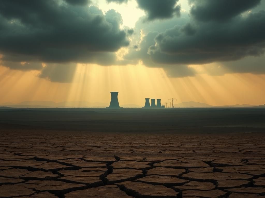 Flick International Stark contrast between a barren desert and a nuclear facility silhouette under a hazy sky