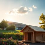 Flick International A serene outdoor scene of the Obama Presidential Center with lush greenery and colorful flowers