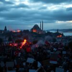 Flick International Istanbul cityscape at dusk with a crowd of protest signs during unrest