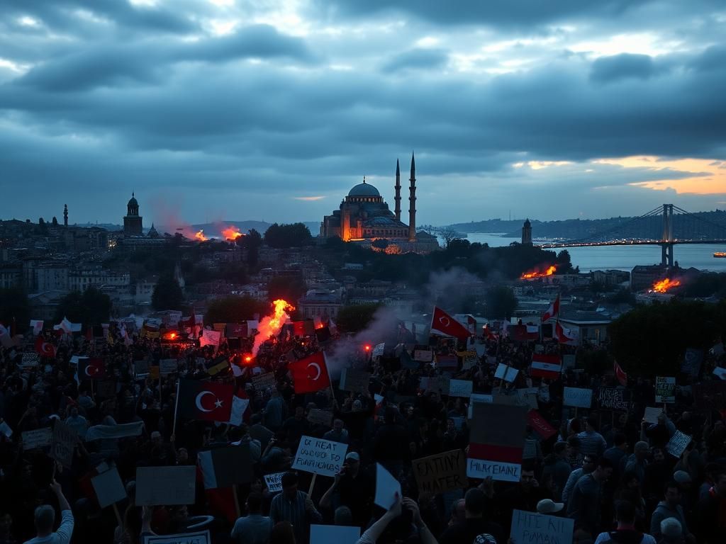 Flick International Istanbul cityscape at dusk with a crowd of protest signs during unrest