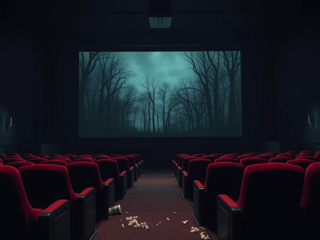 Flick International A stark, empty movie theater showcasing forgotten red velvet seats and a melancholic forest scene on the screen.