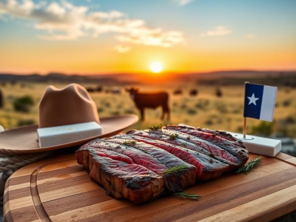 Flick International Close-up of a marbled Texas strip steak on a wooden board with herbs, cowboy hat, lasso, and Texas flag