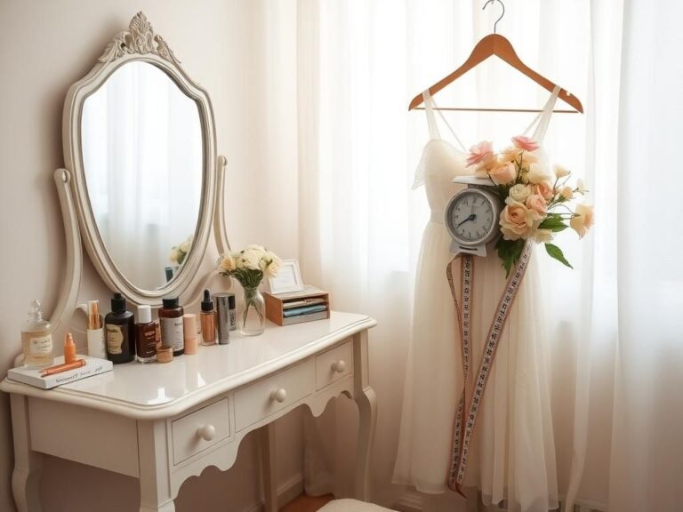 Flick International A vintage vanity table displaying beauty products and a serene ambiance