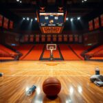 Flick International Basketball court in a dimly lit arena showcasing Texas Longhorns colors with a basketball on the floor