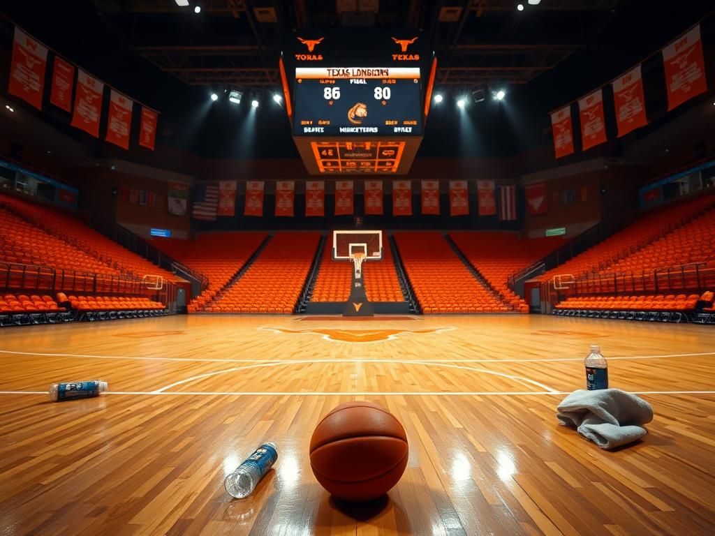 Flick International Basketball court in a dimly lit arena showcasing Texas Longhorns colors with a basketball on the floor