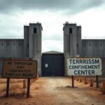 Flick International Heavily fortified prison facility with high concrete walls and razor wire.