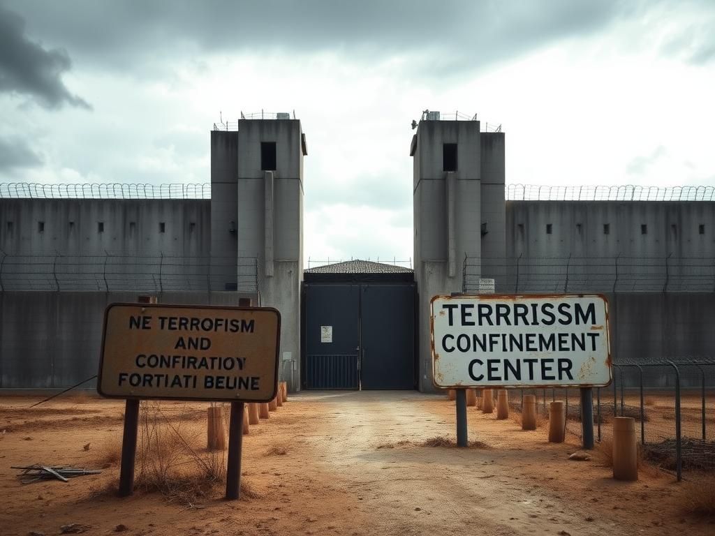 Flick International Heavily fortified prison facility with high concrete walls and razor wire.