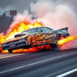 Flick International NHRA funny car exploding during a race at the Arizona Nationals