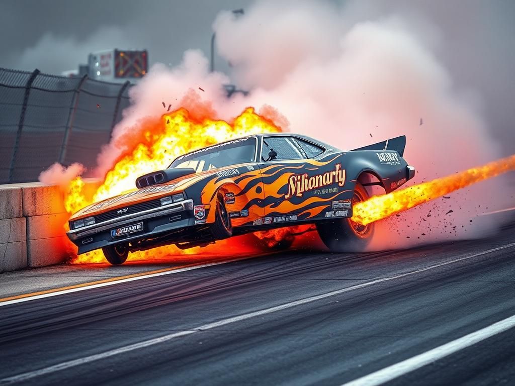 Flick International NHRA funny car exploding during a race at the Arizona Nationals