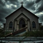 Flick International Dark scene outside St. Louis Catholic Church with a rusted machete on the ground