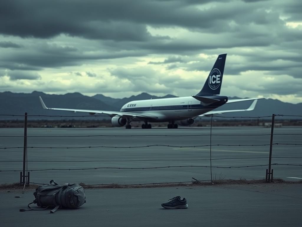 Flick International Empty airport tarmac with ICE cargo plane and barbed wire symbolizing deportation