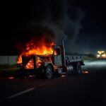 Flick International Charred wreckage of a truck burning on a Texas highway