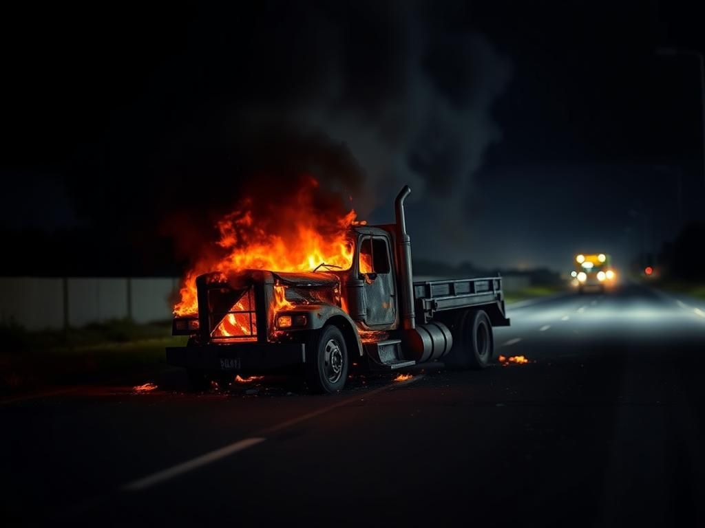 Flick International Charred wreckage of a truck burning on a Texas highway