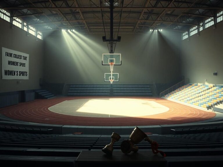 Flick International Dramatic scene inside an empty indoor sports arena with basketball hoop and track field