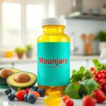 Flick International Close-up of a colorful Mounjaro pill bottle surrounded by vibrant fruits and vegetables on a kitchen countertop