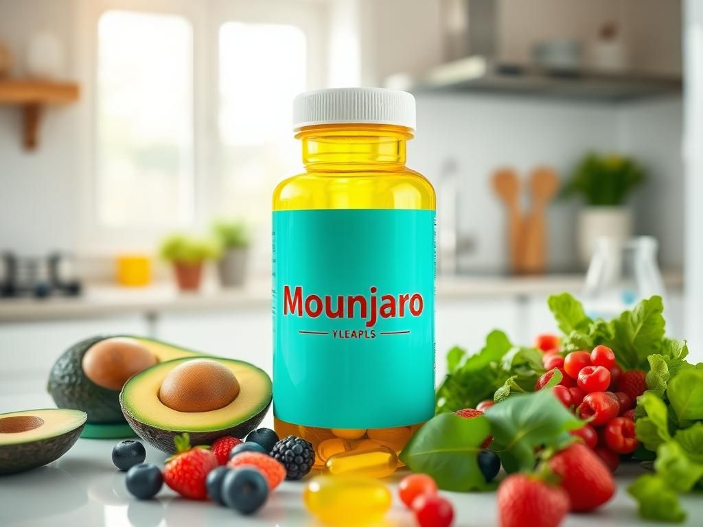 Flick International Close-up of a colorful Mounjaro pill bottle surrounded by vibrant fruits and vegetables on a kitchen countertop