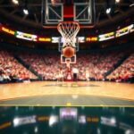 Flick International Maryland Terrapins player Derik Queen launching a basketball for a buzzer-beater shot against Colorado State