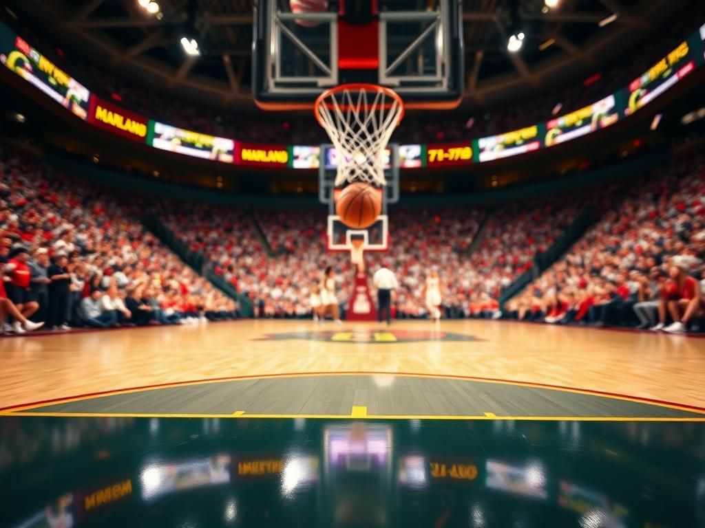 Flick International Maryland Terrapins player Derik Queen launching a basketball for a buzzer-beater shot against Colorado State