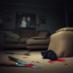 Flick International A dimly lit living room scene with a blood-stained knife and golf club on the floor