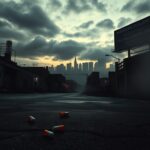 Flick International Dark urban landscape showcasing abandoned warehouses and drug paraphernalia