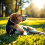 Flick International Beagle dog with Batman-shaped markings lying in a serene park environment