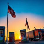 Flick International Gas station scene at sunset with fuel pumps displaying $2.99 per gallon, symbolizing American energy independence.