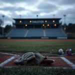 Flick International A serene baseball field at dusk with empty bleachers and worn gloves on home plate