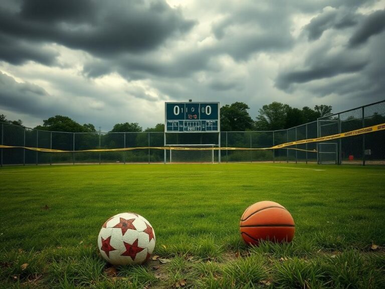 Flick International An empty sports field with a faded scoreboard and abandoned girls' sports equipment, symbolizing the legislative stalemate.