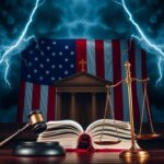 Flick International Dramatic courtroom scene with law books, a gavel, and an American flag