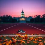 Flick International High school athletic field at twilight with track shoes symbolizing competition and dedication