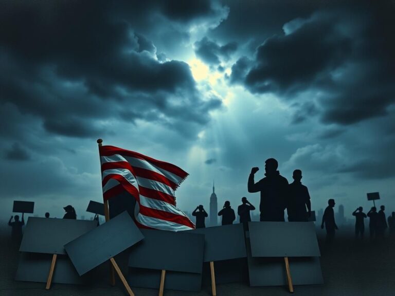 Flick International Fragmented American flag symbolizing division against a stormy sky