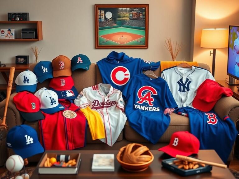 Flick International A cozy living room showcasing colorful baseball fan gear including caps and jerseys.
