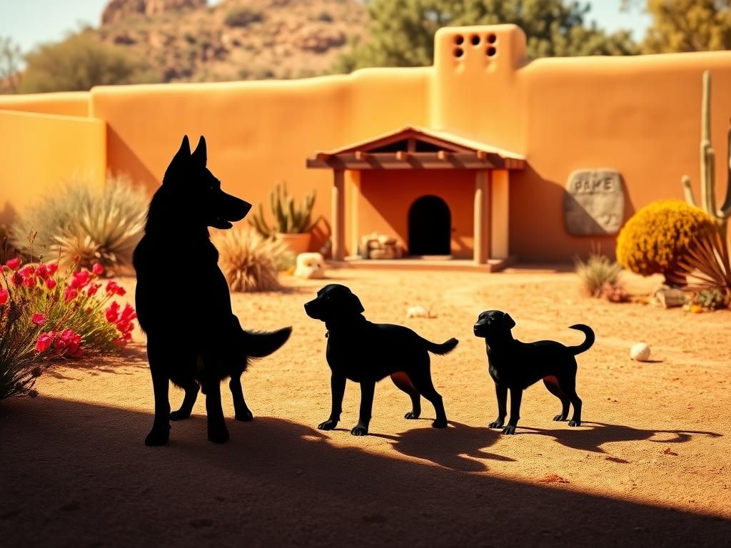 Flick International Three dogs playfully interacting in a serene Santa Fe backyard