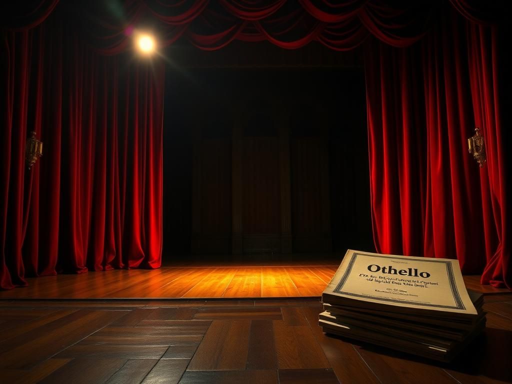 Flick International Dimly lit theater stage showcasing an empty wooden floor under a warm spotlight.