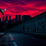 Flick International Dark urban landscape at dusk with graffiti and a Chilean flag symbolizing crime and extradition