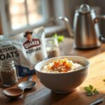 Flick International Cozy kitchen scene featuring a steaming bowl of oatmeal with brown sugar, maple syrup, and instant oatmeal packets