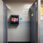 Flick International A modern school bathroom featuring a wall-mounted tampon dispenser with colorful packages